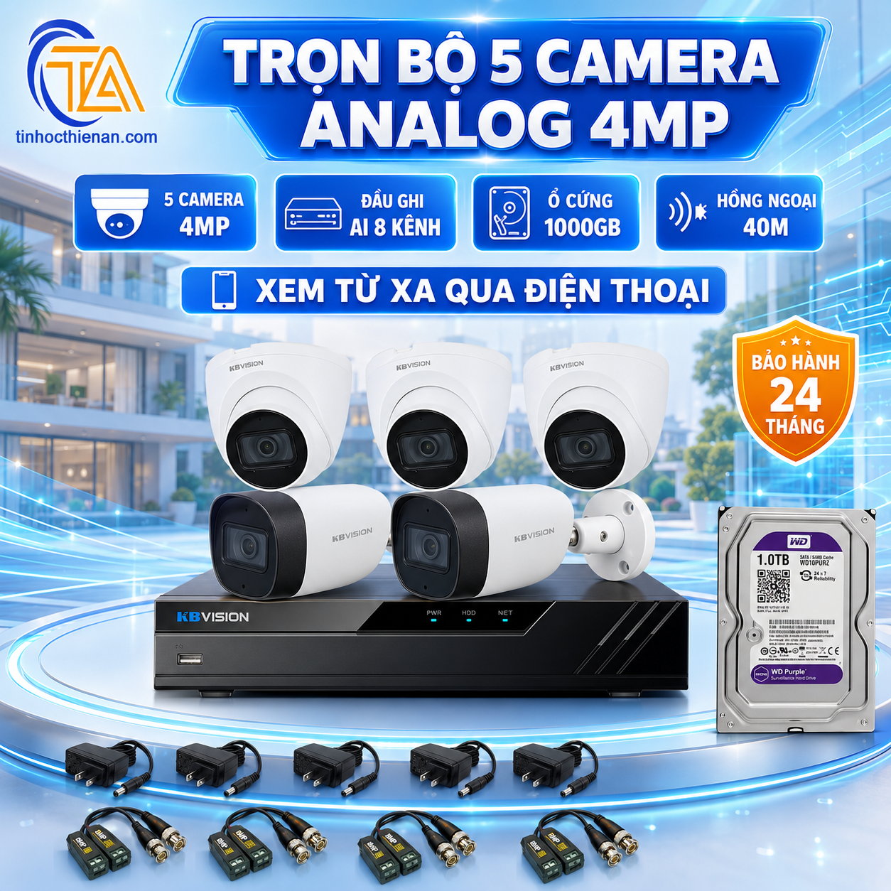 Trọn bộ 5 camera Analog 4MP với đầu ghi AI 8 kênh và ổ cứng 1000GB